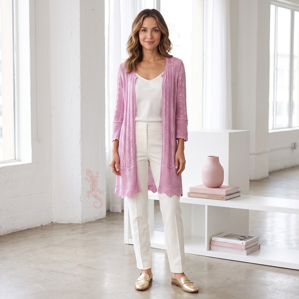 Joan Rivers Crochet Cardigan Women M Pink Open Front Scalloped Knit Long Layer